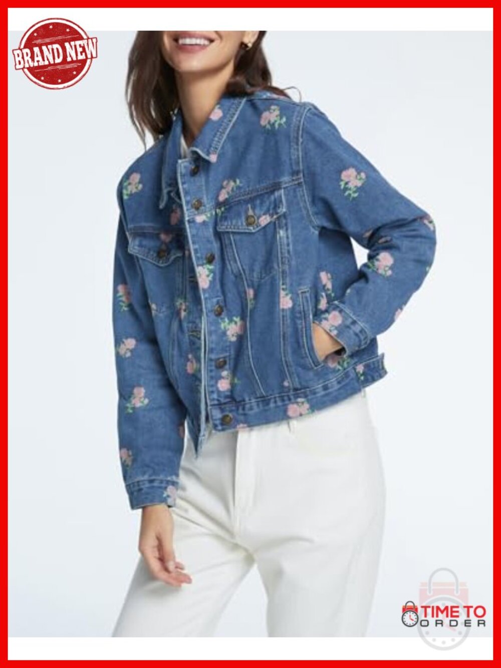 Women's Crop Floral Print Denim Jacket Long Sleeve Button Down - Picture 4 of 5